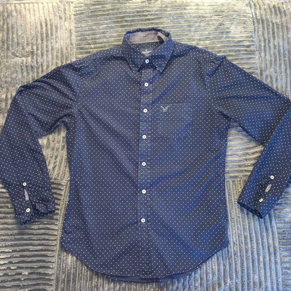 Navy blue polka dot button down